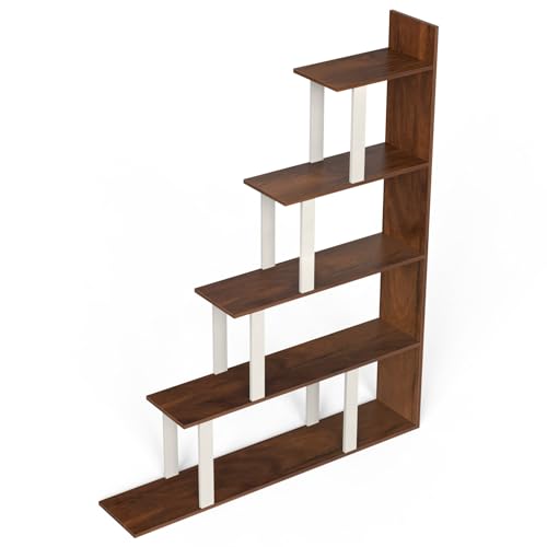 Image of BLUEWUD Wolabey Engineered Wood Ladder Style Bookshelf Cabinet Book Rack Organizer with Shelves for Decor Display, Cabinet Wall Floor Standing for Home (Brown Maple & White)