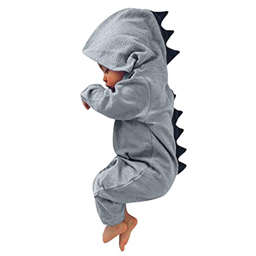 Noubeau Interesting Infant Baby Kids Cartoon Dinosaur Hooded Romper Jumpsuit Layette Sets Clothes (Gray 3-6 Months)