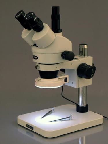 Image of AmScope SM-1TSZ-144S-3M Digital Professional Trinocular Stereo Zoom Microscope, WH10x Eyepieces, 3.5X-90X Magnification, 0.7X-4.5X Zoom Objective, 144-Bulb LED Ring Light, Pillar Stand, 110V-240V, Includes 0.5X and 2.0X Barlow Lenses and 3MP Camera with Reduction Lens and Software
