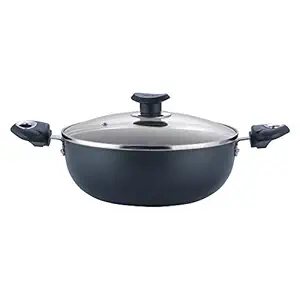 Vinod Zest Marbilo Non-Stick Aluminium Deep Kadai with Glass Lid 4.1 Litres (26 cm Dia)/ Riveted Sturdy Handles (Gas Stove and Induction Compatible), PFOA Free- 3mm Thickness