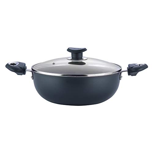 Vinod Cookware Aluminium Zest Marbilo Deep Kadai with Lid, 2-Pieces, 3.1 litres/24cm, Black