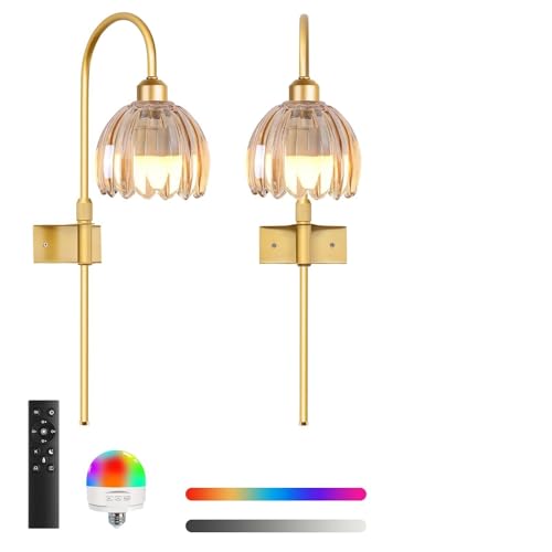 Image of Vintage Battery Operated Wall Sconces Set of Two, Flower Wireless Rechargeable Battery Powered Wall Lights Lamp with Remote Control & Green Glass Lampshade,Gold Wall Sconces for Bedroom Living Room