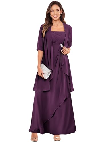 2 Piece Mother of The Bride Dress for Women with Jacket Chiffon Ruffle Long Formal Evening Gown
