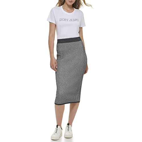 DKNY Jeans Women's Ribbed Pull-On Close-Fitting Midi Skirt (Black/White, Large)2