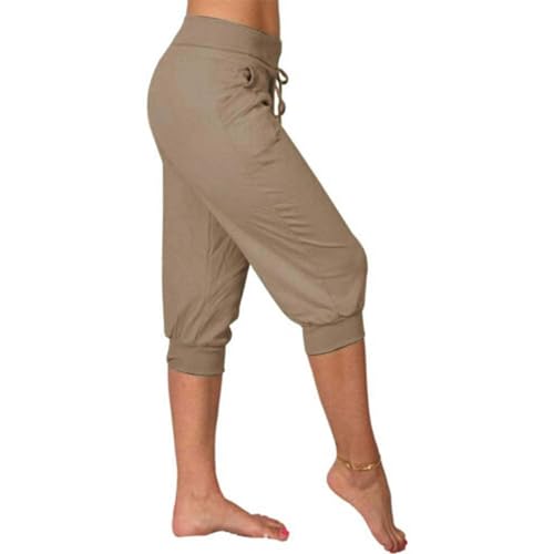 OVARA Pantalon de jogging 3/4 pour femme - Taille élastique - Coupe ajustée - Couleur unie, 01#kaki, XXL