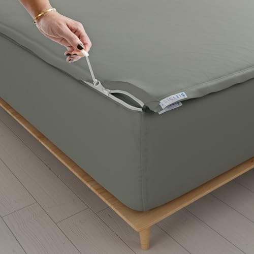 Image of QuickZip Fitted Plus Spare Bundle: 1 Fitted Sheet (Base + Zip Sheet) & 1 Zip Sheet - Easy to Change, Won't Pop Off - Soft Sateen 400 TC 100% Cotton - 15 inch Deep Pockets RV King Size - Slate Gray