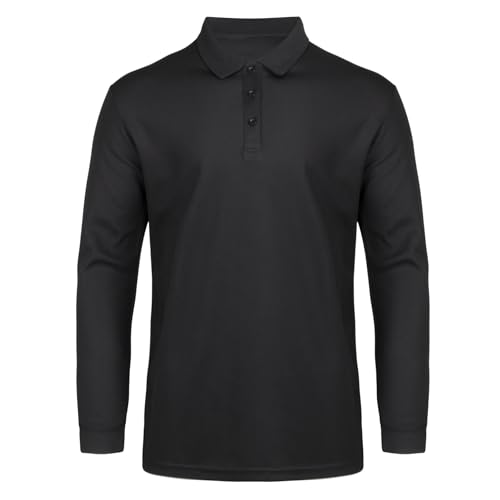 AMZSPORT Polo para Hombre Transpirable Manga Larga Camiseta de Golf Deporte Casual con 3 Botones para Trabajo y Exteriores,Negro M