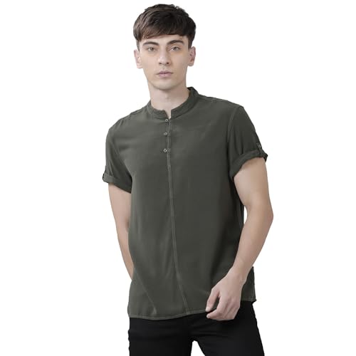Image of IDENTITI Olive Short Sleeves Solid Slim Fit 100% Viscose Casual Shirt /Kurta for Men