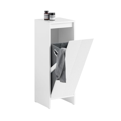 SoBuy Schmaler Badezimmerschrank mit Wäschesammler – Weißer Badschrank 30x30x87 cm, Modernes Frontdesign mit Kipptür, Kommode mit Wäschekorb für kleine Badezimmer, Gäste-WCs oder Waschküchen BZR154-W