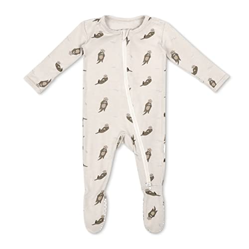 Image of Soft Bamboo Viscose Footies, 2-Way Zipper, Unisex, 6-9 Months, Otter on Oat