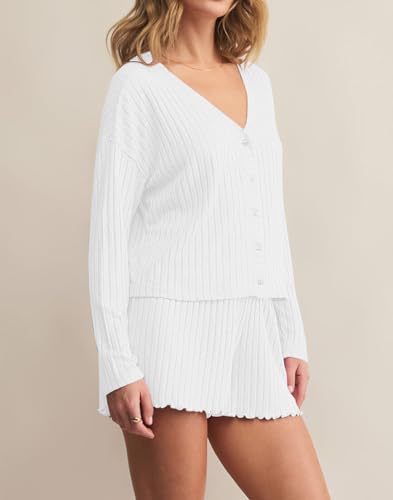 Dressmine Womens Long Sleeve Pajama Sets Button Up Pajamas Sleeping Shorts 2 Piece Lounge Set Knit Sexy Sleepwear