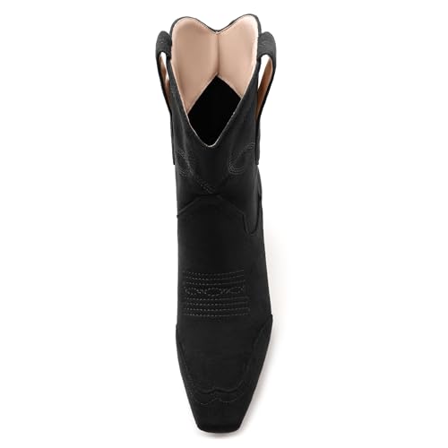 WAYDERNS Women's Cowboy Ankle Boots Western Low Kitten Heel Square Toe 2 Inch Short Booties Comfortable Casual Prom Party Pull on Fall Winter Shoes3