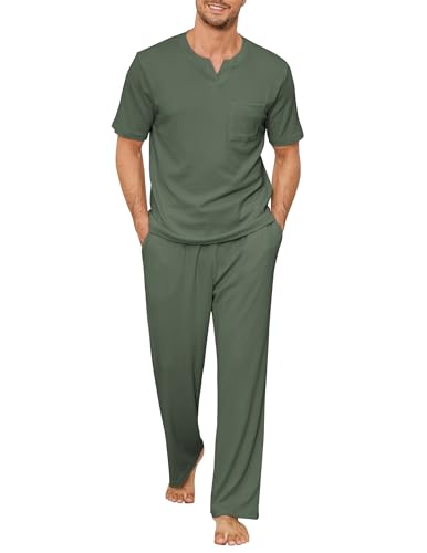 Image of JiniGolla Mens Pajamas Set Soft Short Sleeve Top and Pant Loungewear Sets 2 Piece Pjs with Pockets