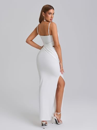 Image of EYNMIN Spaghetti Strap Long Formal Dress Cut Out Ruched Bodycon Split Elegant Wedding Guest Maxi Dresses for Women