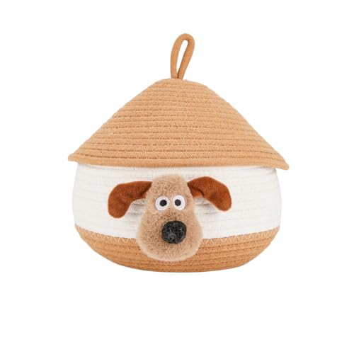 Bellar Small Rope Basket With Lid Woven Storage Box Cute Animal Dog Toy Box Organizers Cotton Rope Basket for Kids Small Snack Storage Area Decorative Boxes Aesthetic-8.6”*8.6”-Brown*White