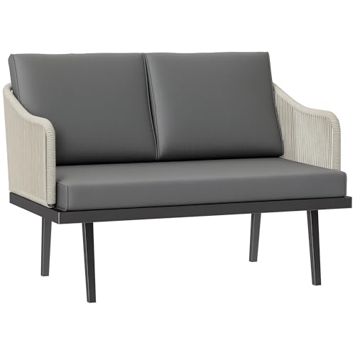 Outsunny Canapé de Jardin 2 Places avec Coussins en résine tressée, canapé d'extérieur avec accoudoirs, Cadre en Acier pour Jardin, Gris foncé