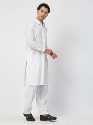 Image of Men's Traditional Pathani Kurta Salwar Set, Red, Long Sleeve, Collared Neck, Cotton Blend, Ethnic Wear