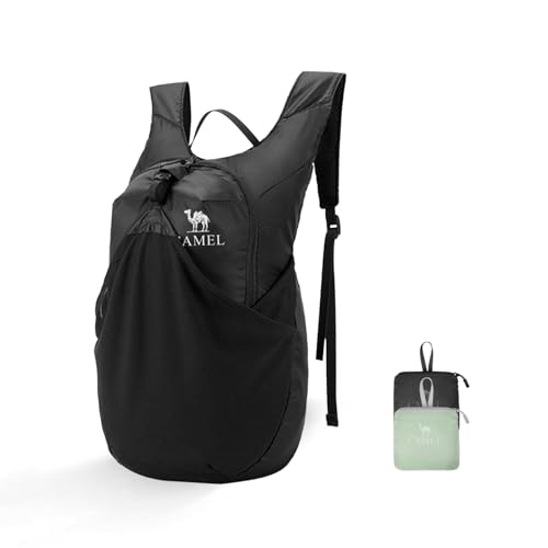 CAMEL CROWN Mochila dobrável para caminhada, leve, impermeável, pequena, embalável, masculina e feminina, 15L, Preto-15l, 16x10x5 inches, Moderna, minimalista, compacta