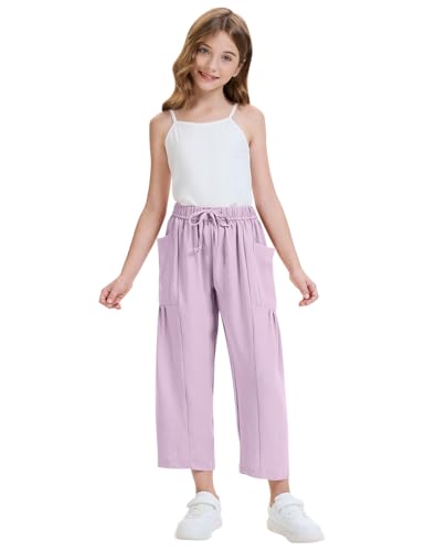 Image of COZYPOIN Girl's Wide Leg Pants Elastic Waist Loose Fit Flowy Casual Beach Palazzo Harem Trousers with Pockets 5-14 Y
