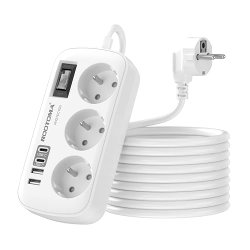 Rallonge Electrique 3M avec 4 USB(2 USB-C), Multiprise 3 Prises avec Interrupteur, Multiprise Parafoudre Fixation Murale pour Maison Bureau, Blanc 16A/4000W