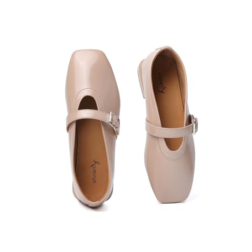 Image of vivianly Leather Ballet Flats Shoes for Women Flats Comfortable Dressy Square Toe Leather Flats Soft Work Mary Jane Flats for Events Party Leisure Size 11 Nude Pu