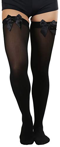 Image of ToBeInStyle Women's Opaque Long Thigh High Stockings w /Decorative Front Satin Bow
