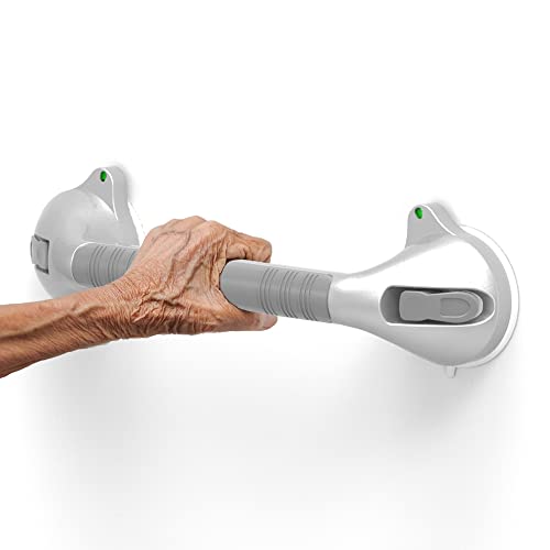 Safety+Beauty Suction Shower Grab Bar, Bath Tub Handle With Indicator, Anti-Slip Grip, Metallic Silver Dual Tone (Grey, 17 Inch) #TOP2