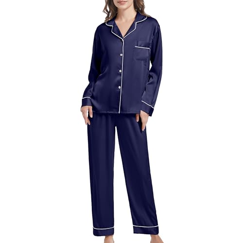 SHCNSJC Ensemble de Pyjama pour Femme en Satin Pyjama Femme Long Soie à Manches Longues pour Toutes Les Saisons Femme Pyjama Manches Longues Vêtements de Nuit avec Pantalon