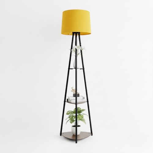 Image of Tripod Metal Floor Lamp with Shelves Stylish Standing Lamp for Living Room Decoration Bedroom Corner Stand Aesthetic Home Decor (Fresh Yellow) LED Bulb Included