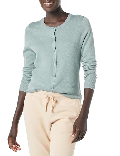 Amazon Essentials Damen Leichte Rundhalsstrickjacke (Erhältlich In Übergröße), Salbeigrün Meliert, L