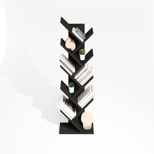 Image of Furinno Tree Book Shelf, 9-Tier Bookshelf, Tree Bookcase for Room Decor, 8.4 x 15.7 x 50.9, for Living Room, Bedroom, Home Office, Black Espresso