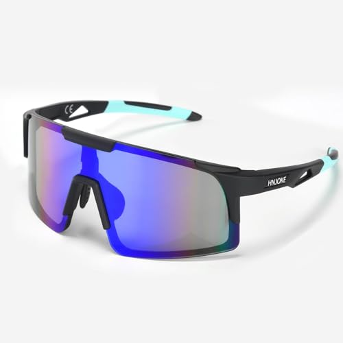 Image of HNJOKE Sports Sunglasses, Baseball Glasses Men Women, Softball Cycling Beach Volleyball Bike Running Fishing Driving Glass（Black Frame-blue Mirror Lens）