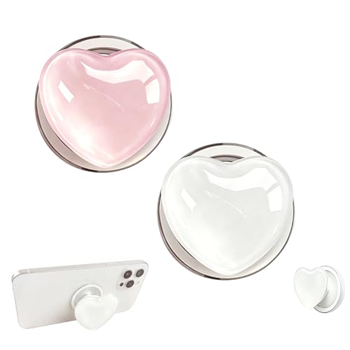 Image of 2 Pack Heart Shaped Phone Grip Stand – Clear Suction Cup Base, White & Pink Adhesive Finger Holder for Phone/Tablet, Adjustable Kickstand for Video Calls, Desk Use, Travel RARITYLL