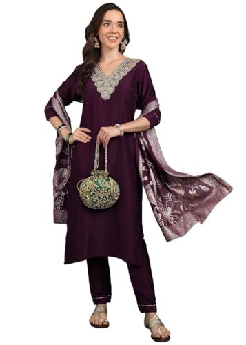 Kurta vêtement indien femme ensemble moutarde taille M avec dupatta brodée vin