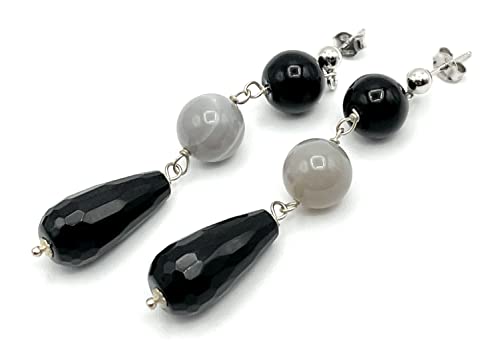 Boucles d'oreilles argent 925 onyx noir et agate véritable éclat luxe