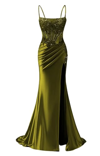 Dessiny Women's Sparkly Sequin Prom Dresses with Slit Spaghetti Straps Mermaid Cocktail Party Dress 2025 DE392