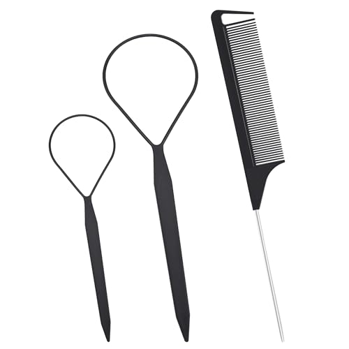 Desenda 3 PCS Hair Styling Tool Set Topsy Tail Hair Tools with 2 PCS Hair Braid Tools and 1 PCS Tail Comb (Black)