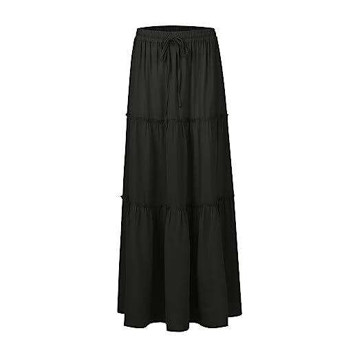 Long Skirts for Women Trendy Summer Casual Pleated Maxi Skirt Tiered Swing Flowy Boho Beach Vacation Outfits w/Pockets3