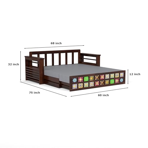 Image of Mamta Furniture Sheesham Wood Sofa Cum Bed with Storage Handcrafted Ceramic Tile Design Wooden Sofa Set for Living Room Bedroom 3 Seater Convertible Sofa Bed in Walnut Finish