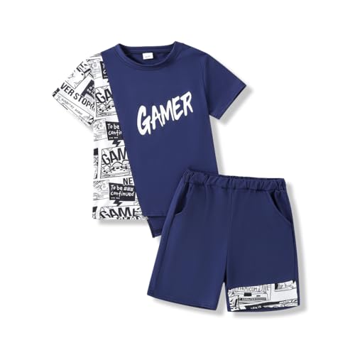 Image of OLMRJKD Boys 2 Piece Outfits Short Sleeve Colorblock T-shirt and Shorts Summer Casual Clothes for 6-12 Years