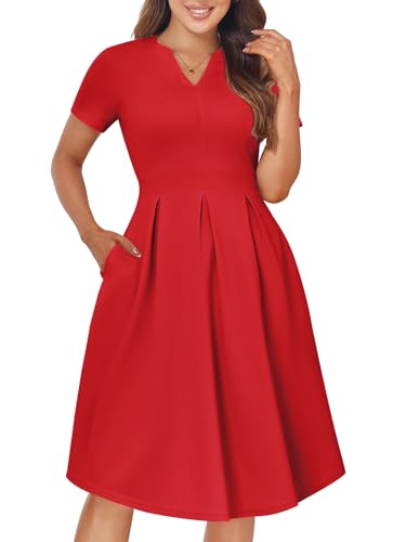 Image of YATHON Womens Elegant Print Notched Neck Slant Pocket Pleated Hem Casual A-Line Dress