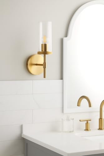 Image of Set of 2 Modern 13 Inch Brushed Gold Wall Sconces Satin Brass Finish Clear Glass Brushed Brass Wall Sconce, Hardwired Sconce Light Fixtures for Bathroom, Vanity, Living Room, Bedroom (Bulb Included)