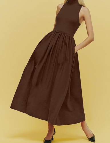 Lauweion Women's Summer Sleeveless Mock Neck Maxi Dresses Patchwork Casual Flowy Drop Waist Dress with Pockets3
