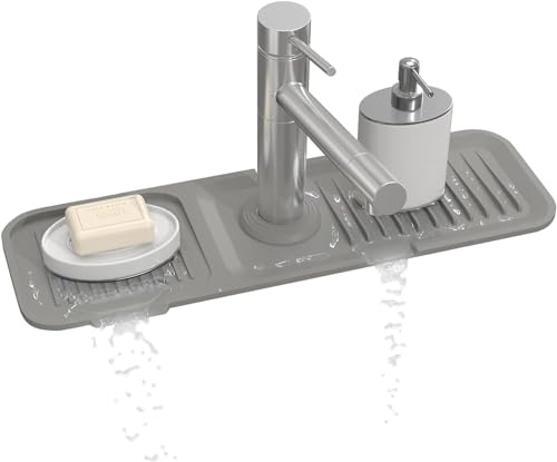 Image of Sink Mat for Faucet | Absorbent Faucet Splash Guard with Adjustable 1.5-2.7 Inch Hole | Quick-Dry, Washable Drip Catcher for Kitchen & Bathroom Sink (17.7 x 5.5 x 0.39 Inch, Dark Grey)