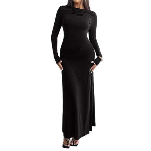 tight fitted long black dress Lezure Plunge Long Sleeve Maxi Dress Black main image 1