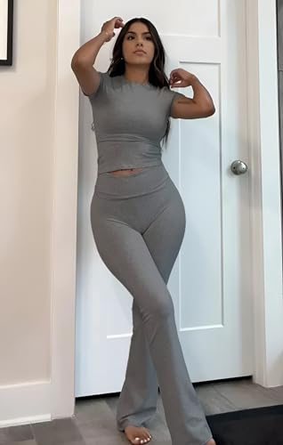 Image of ZFLM Casual Workout Two Piece Outfits for Women Short Sleeve Crop High Waist Foldover Flare Pants Tracksuit Sets Streetwear