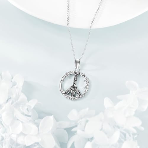 Peace Sign Necklace 925 Sterling Silver 14K White Gold Plated Peace Sign Pendant Necklace for Women3
