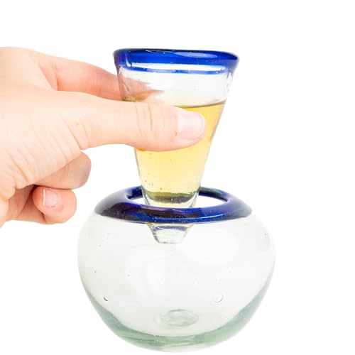 MEXTEQUIL Self-Chilling Tequila Shot Glasses with Built-in Ice Bowl | Hand-Blown Mexican Glassware with Cobalt Blue Rim | 2 oz Lead-Free | Unique Bar Gift for Tequila & Mezcal Lovers