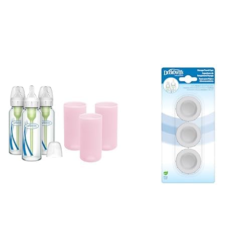 Dr. Brown's Anti-Colic Options+ Narrow Glass Baby Bottles 8oz and Level 1 Slow Flow Nipple, 3-Pack 0m+ and Pink Silicone Sleeves and Storage/Travel Caps, BPA-Free, 3-Pack