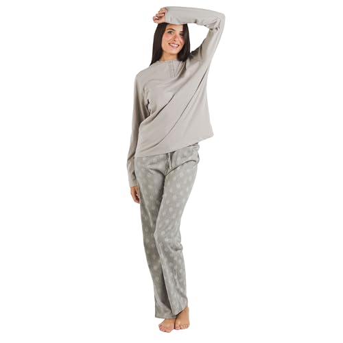 TRAMAS+ Pigiama Donna Lungo, 100% Cotone, con Maniche Lunghe e Pantaloni Lungi per Donna, Completo da Notte, Pigiama da Donna, Pigiama Donna Primavera - L, Garbo Gris